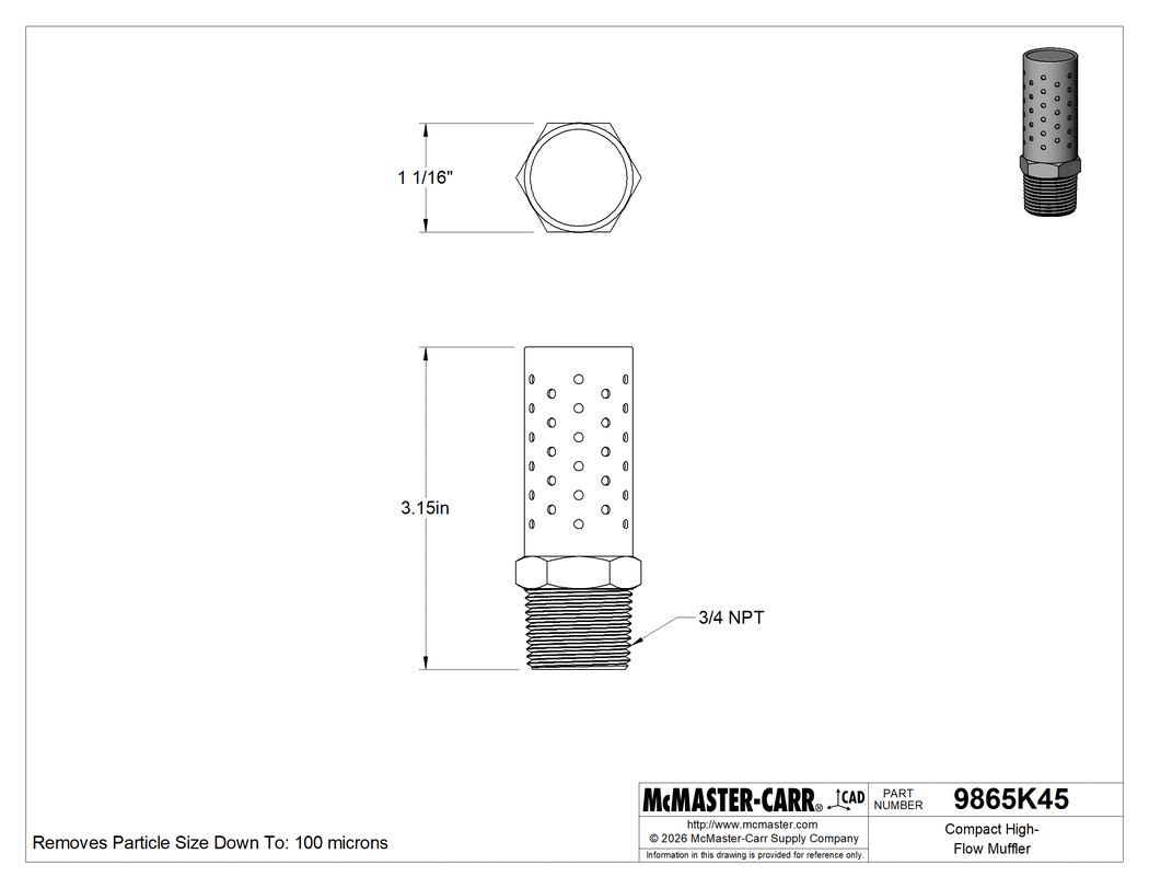 Technical Drawing of Compact High-Flow Muffler, 304 Stainless Steel, 3/4 NPT Male.
